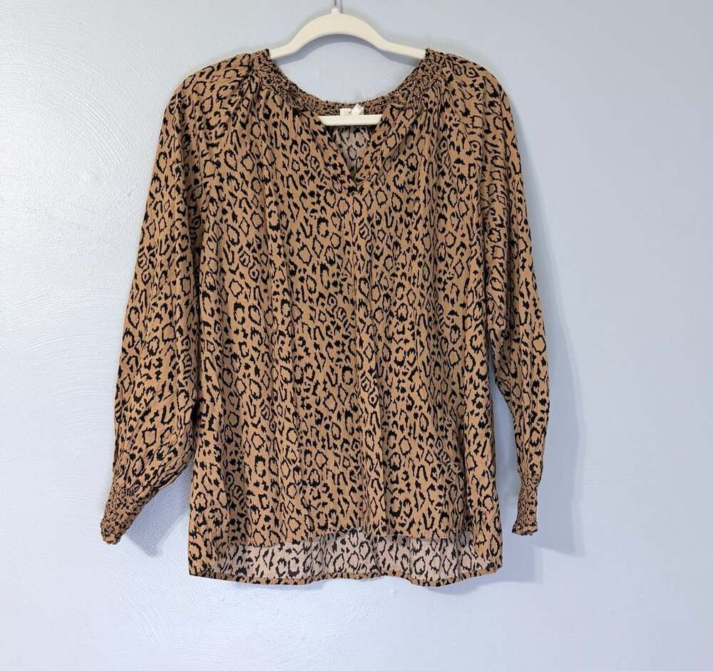 Maurices Animal Leopard Print Smocked Neck Long Sleeve Blouse XL
